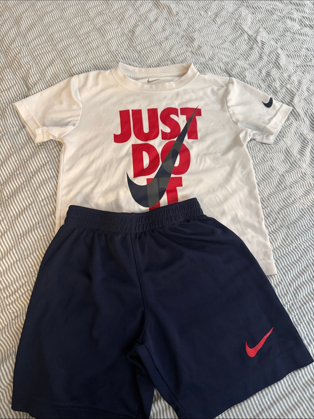Nike White Tee & Navy Shorts Set with Red Accents